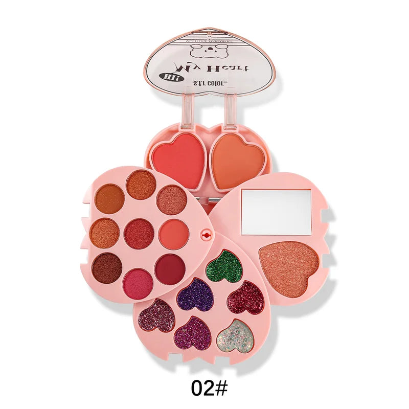 Multifunctional Heart-Shaped Makeup Palette with 9 Eyeshadows, 2 Blushes, 1 Highlighter, Portable Design, All-in-One Cosmetic Set