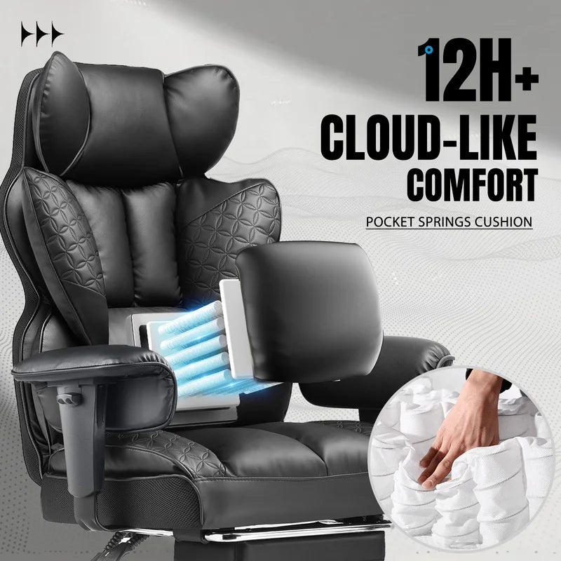 Ergonomic Leather Office Chair with Footrest & Adjustable Armrests