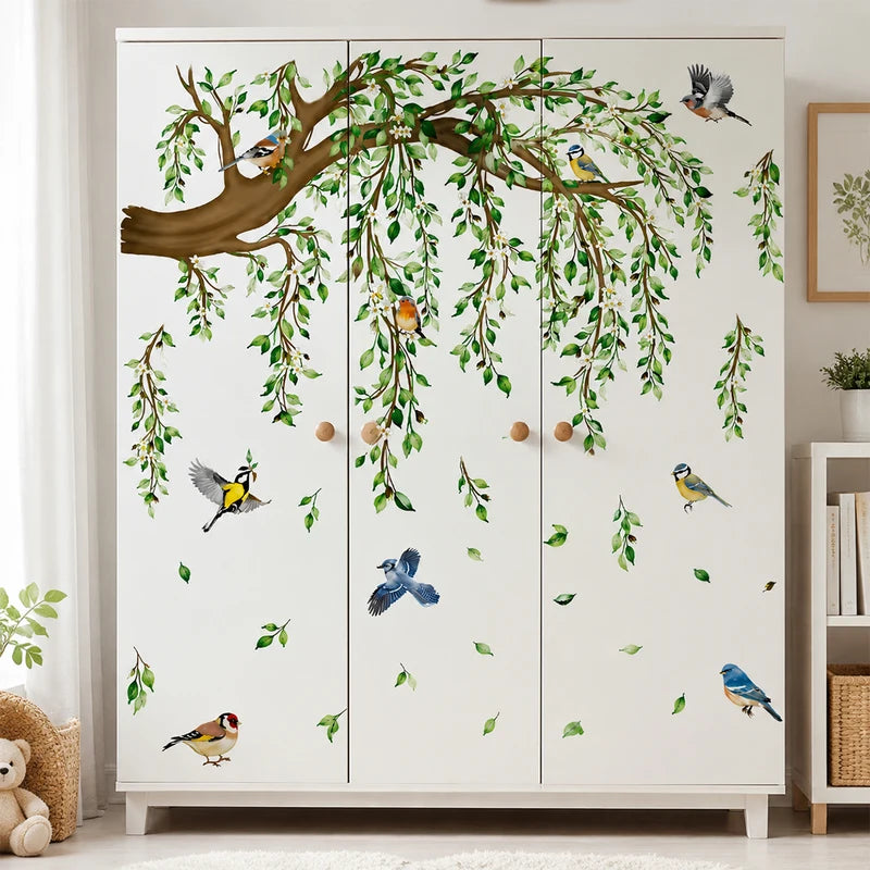 Large Tree Branch Wall Decals with Green Leaves and Colorful Birds - Botanical Nature Wall Decor