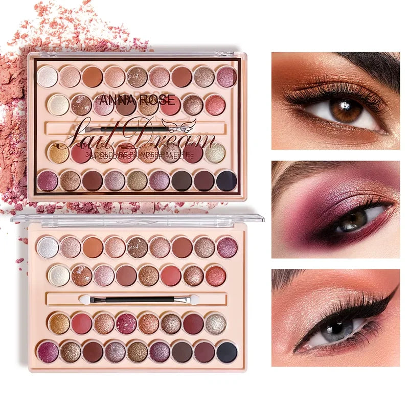 38-Color Eyeshadow Palette with Brush - Waterproof Matte & Shimmer Finishes, Coral & Nude Tones