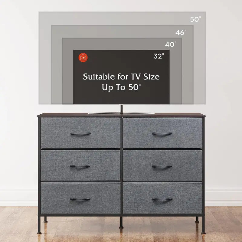 Bedroom Dresser with 6 Fabric Drawers, Dark Grey Storage Cabinet