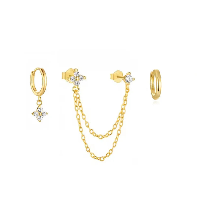 3-Piece Zircon Flower Dangle Hoop & Stud Earring Set for Women Stainless Steel Jewelry
