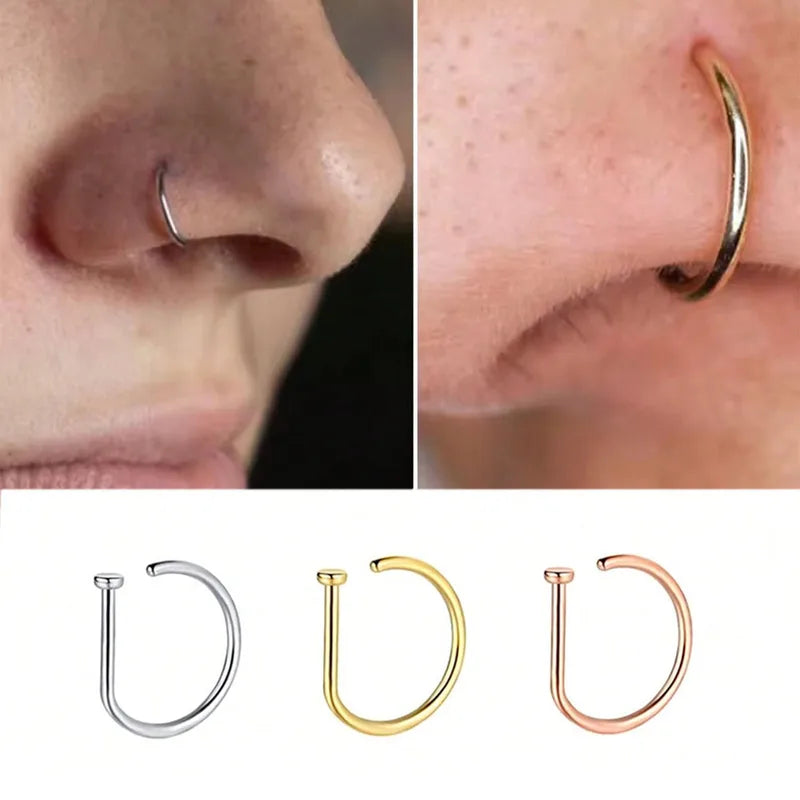 3Pcs Stainless Steel D Shape Nose Ring Set Hoop Curved Barbells Fake Lip Piercing
