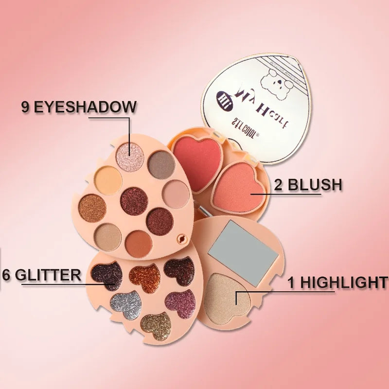 Multifunctional Heart-Shaped Makeup Palette with 9 Eyeshadows, 2 Blushes, 1 Highlighter, Portable Design, All-in-One Cosmetic Set