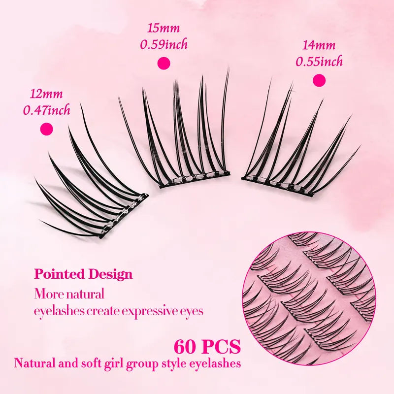 60 Clusters of Natural Cross & Voluminous False Eyelashes - Segmented & Glue-Free