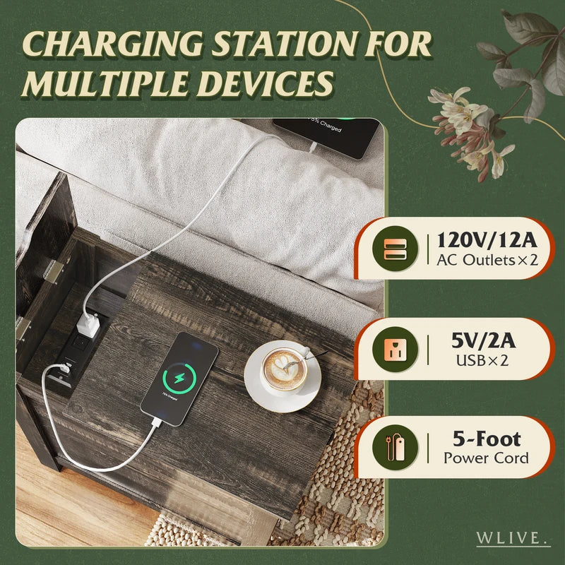 End Table with Charging Station - Narrow Wooden Side Table with USB Ports & Storage