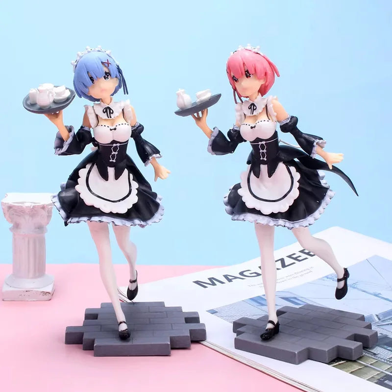 Re:Zero Rem & Ram Figure Set - Maid Costume with Tray, Standing Collectible Models