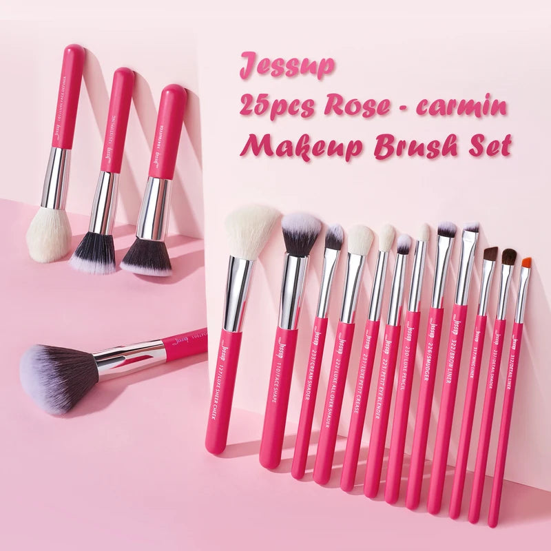 Professional 25-Piece Makeup Brush Set with Natural & Synthetic Hair - Rose-Carmin