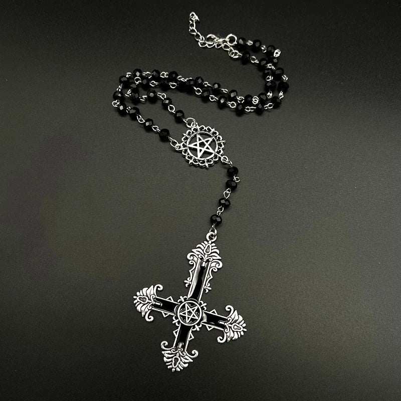 Gothic Pentagram Inverted Cross Rosary Satanic Devil Necklace Handmade Jewelry