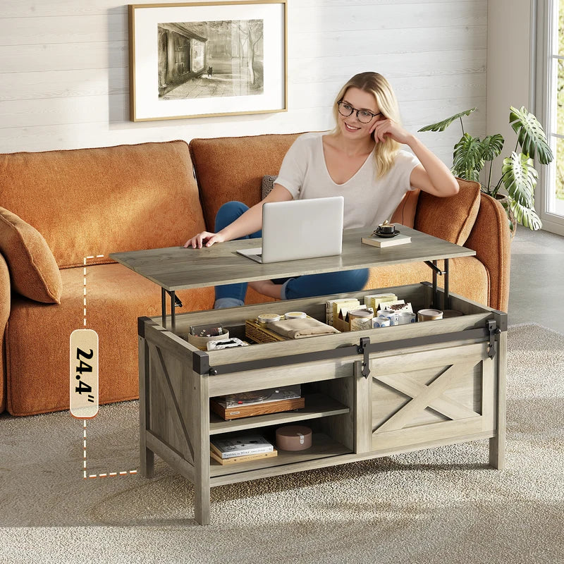 Lift Top Coffee Table with Hidden Storage and Sliding Barn Door - Modern Living Room Center Table