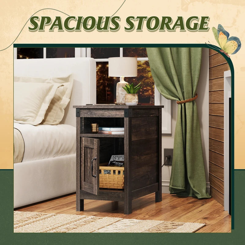 End Table with Charging Station - Narrow Wooden Side Table with USB Ports & Storage