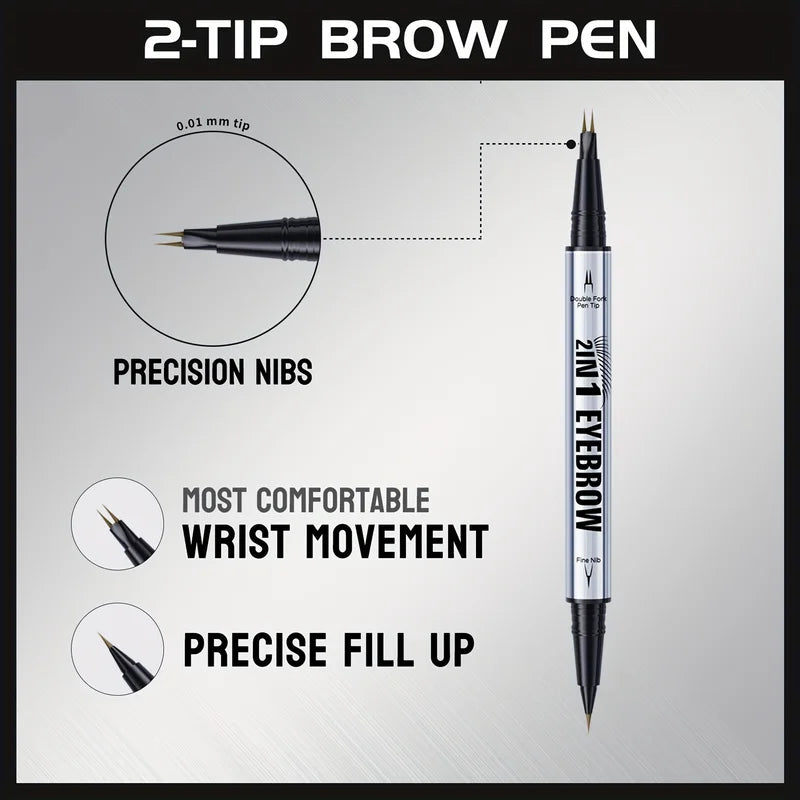 2-in-1 Waterproof Eyebrow Pen with Micro Fork Tip & Precision Brush for Natural Hair Strokes