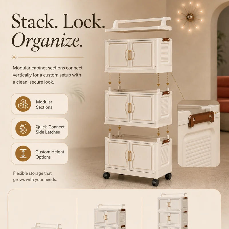 Retro Cream Storage Cart - 3, 4, 5 Tier Modular Wheeled Cabinet with Gold Handles