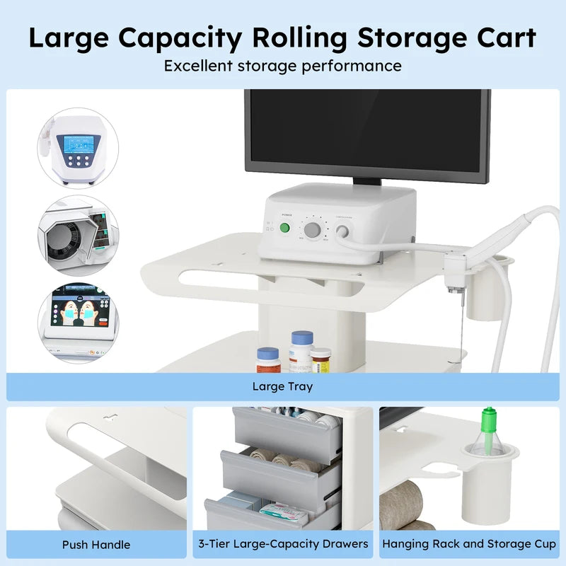 Medical Mobile Ultrasound Trolley Cart with 4 Wheels, 110LBS Capacity, Storage & Organizer