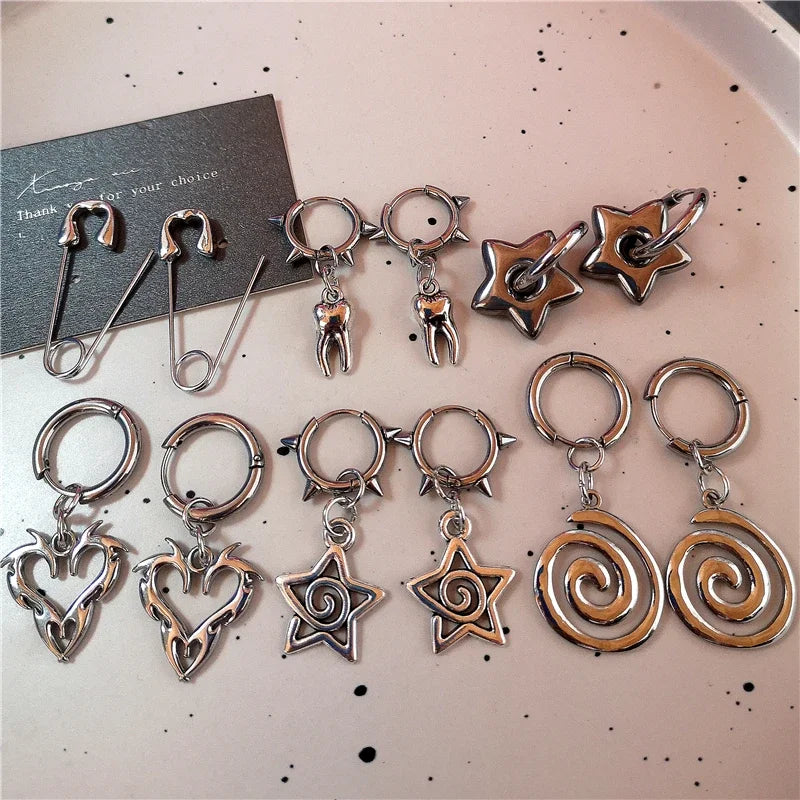 Y2K Punk Earrings Set with Star Heart Spiral Charms - Silver Tone, Multiple Colors