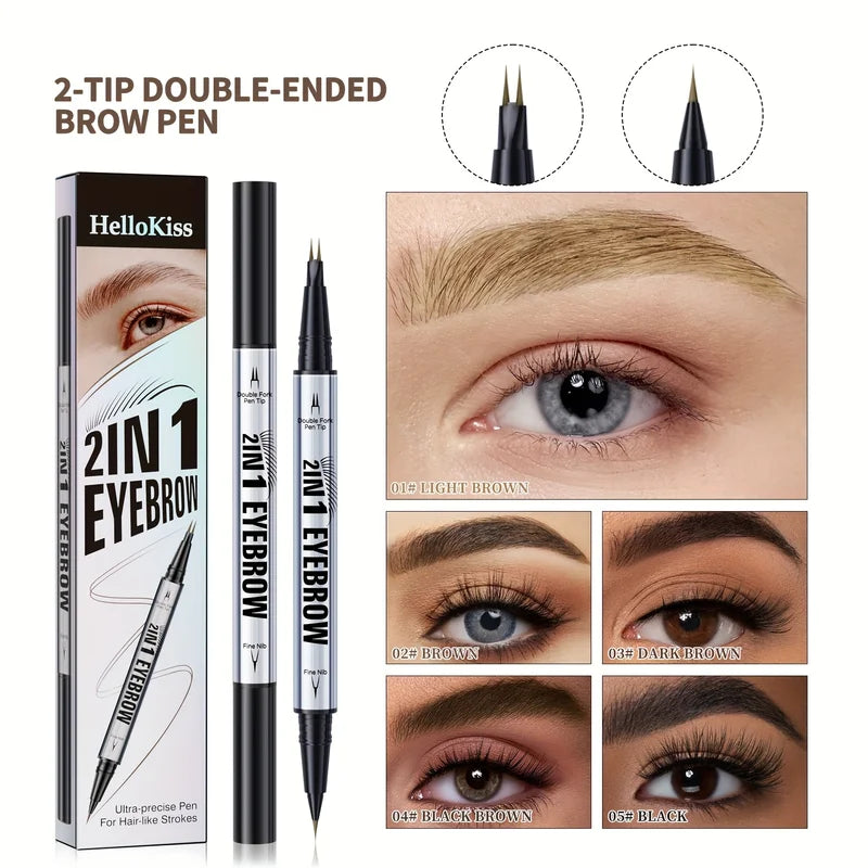 2-in-1 Waterproof Eyebrow Pen with Micro Fork Tip & Precision Brush for Natural Hair Strokes