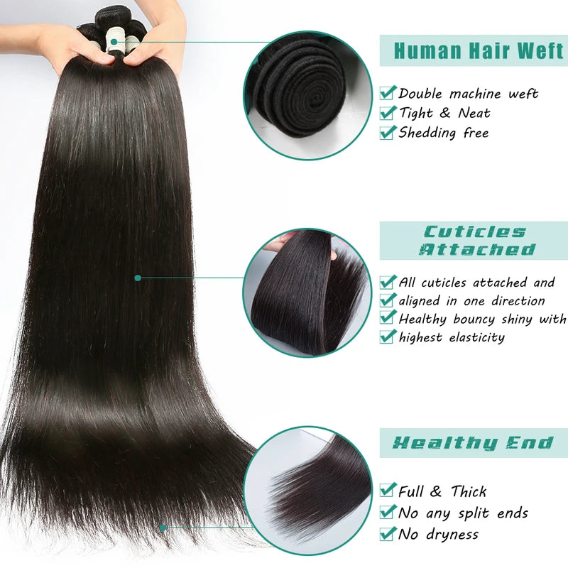 Bone Straight Brazilian Human Hair Weave Bundles 14-32 Inch Natural Black Remy Extensions