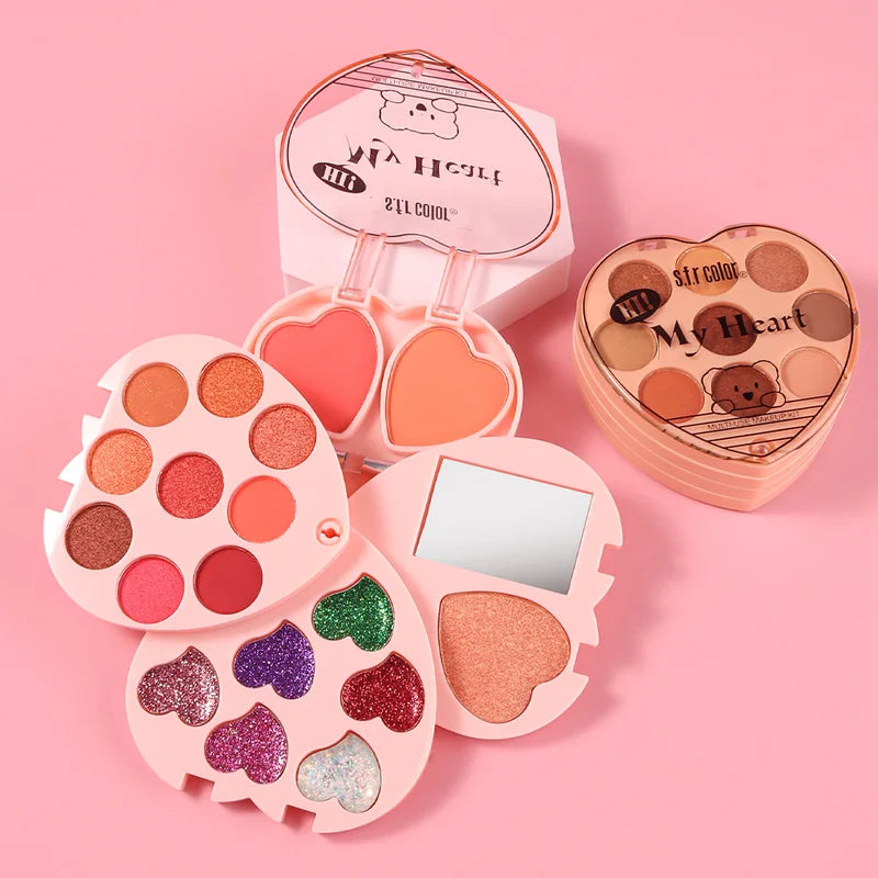 Multifunctional Heart-Shaped Makeup Palette with 9 Eyeshadows, 2 Blushes, 1 Highlighter, Portable Design, All-in-One Cosmetic Set