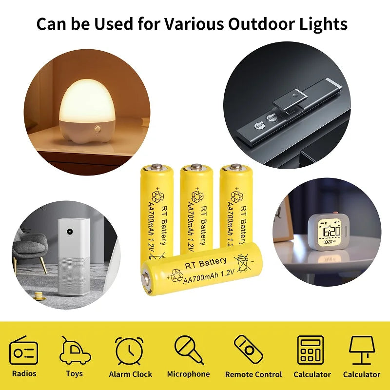 Rechargeable AA 1.2V 700mAh Ni-MH Batteries for Garden Solar Lights & Electronic Devices - 2-20 Pack