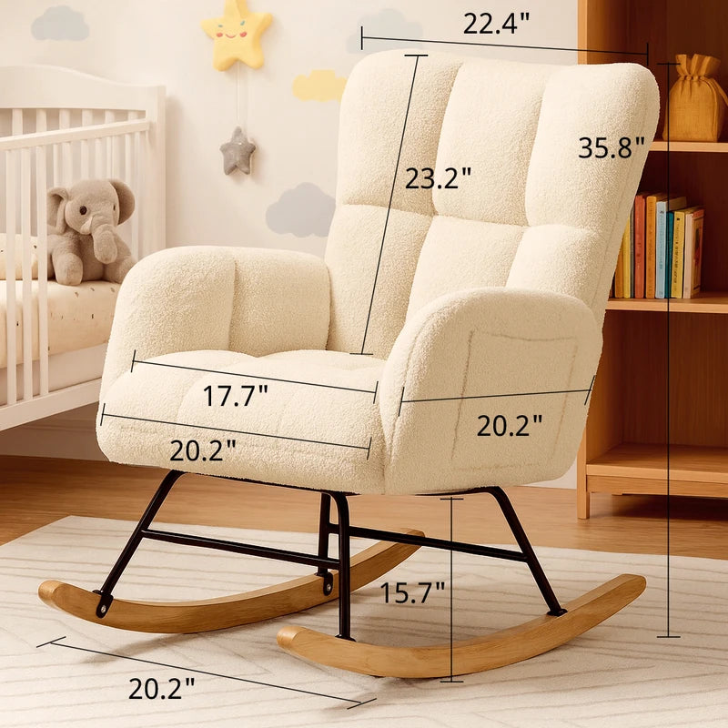 Nursery & Glider Rocking Chair with Side Pockets - Soft Teddy Fabric, High Back, Stable Frame for Living Room and Bedroom