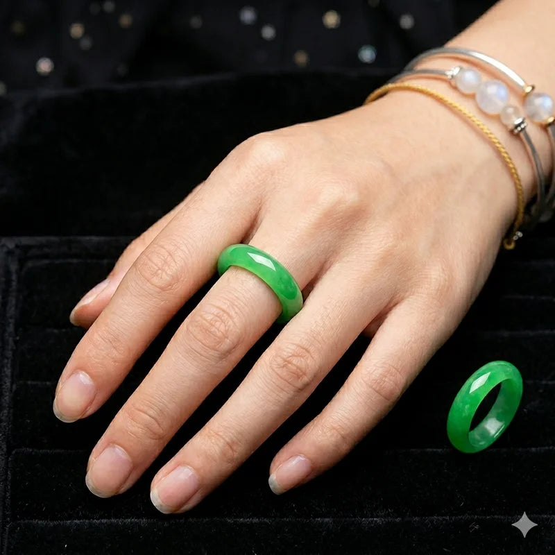 Green Jade Gemstone Ring - 6mm Wedding Band & Lucky Fengshui Jewelry for Her