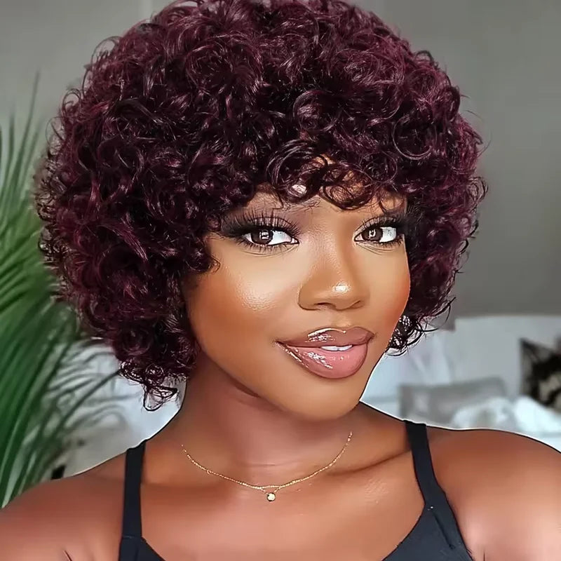 Debut Short Pixie Afro Curly Wigs for Black Women - Natural Brown, Glueless, Brazilian Human Hair