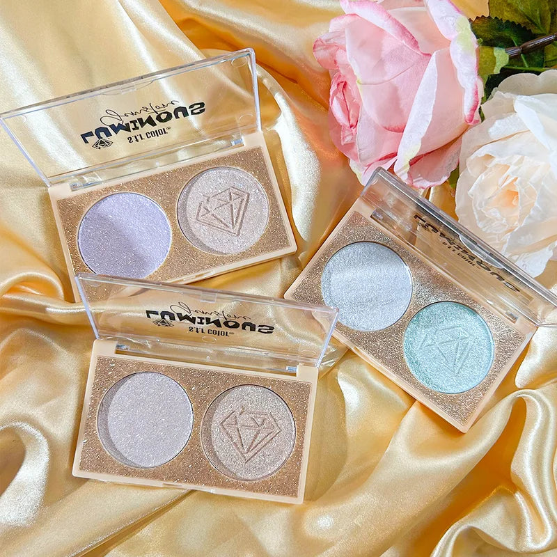 Dual-Shade Diamond Embossed Highlighter Palette - Shimmer Metallic Glow for Face & Body