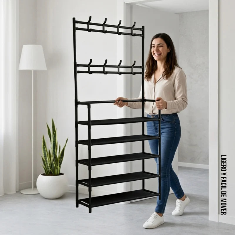 Modular Shoe Rack with 5 Shelves and 8 Hangers - Black & White Home Organizer