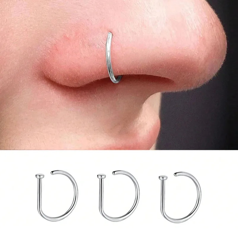 3Pcs Stainless Steel D Shape Nose Ring Set Hoop Curved Barbells Fake Lip Piercing