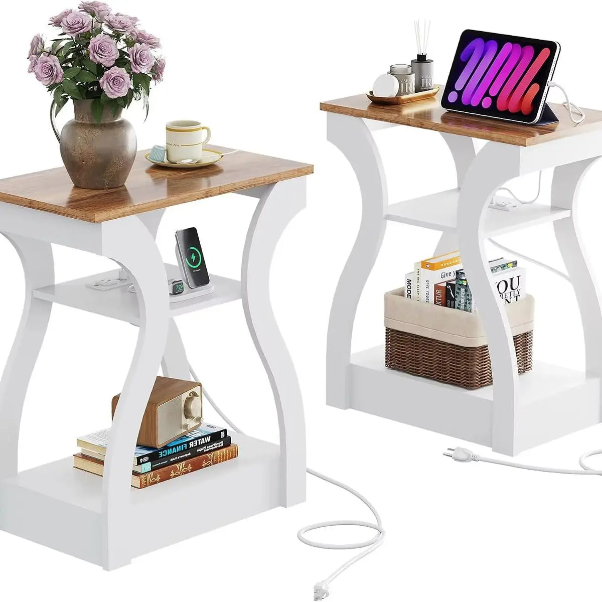 Modern End Tables Set of 2 with Charging Station - Nightstand with USB Ports and Storage Shelf