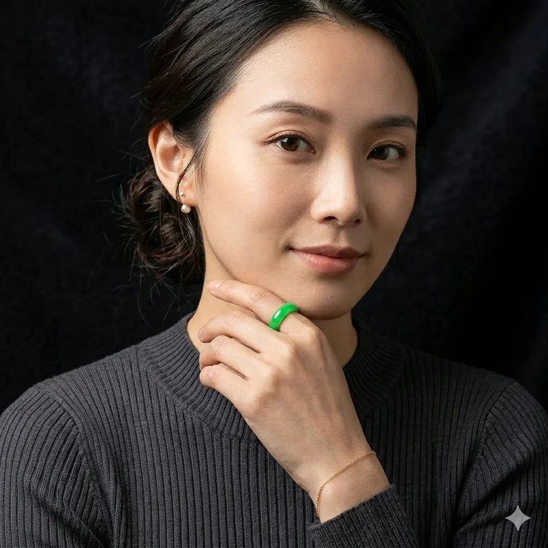Green Jade Gemstone Ring - 6mm Wedding Band & Lucky Fengshui Jewelry for Her