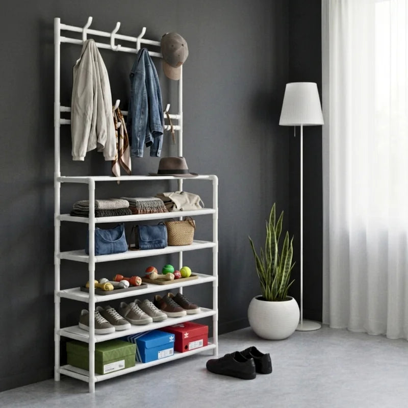 Modular Shoe Rack with 5 Shelves and 8 Hangers - Black & White Home Organizer