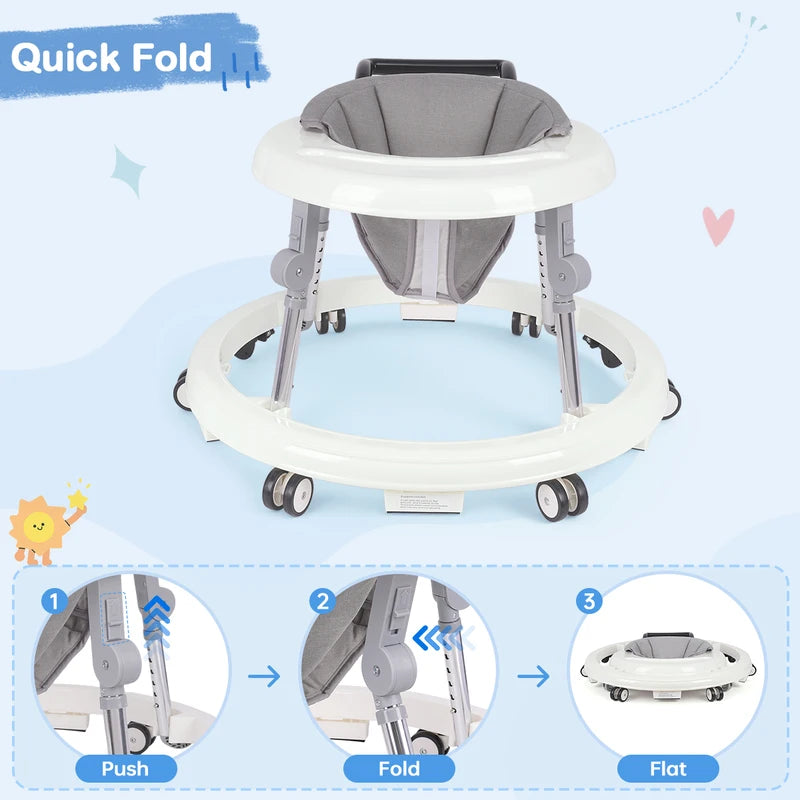 Foldable Baby Walker with Anti-Rollover Safety Base & Adjustable Support Legs