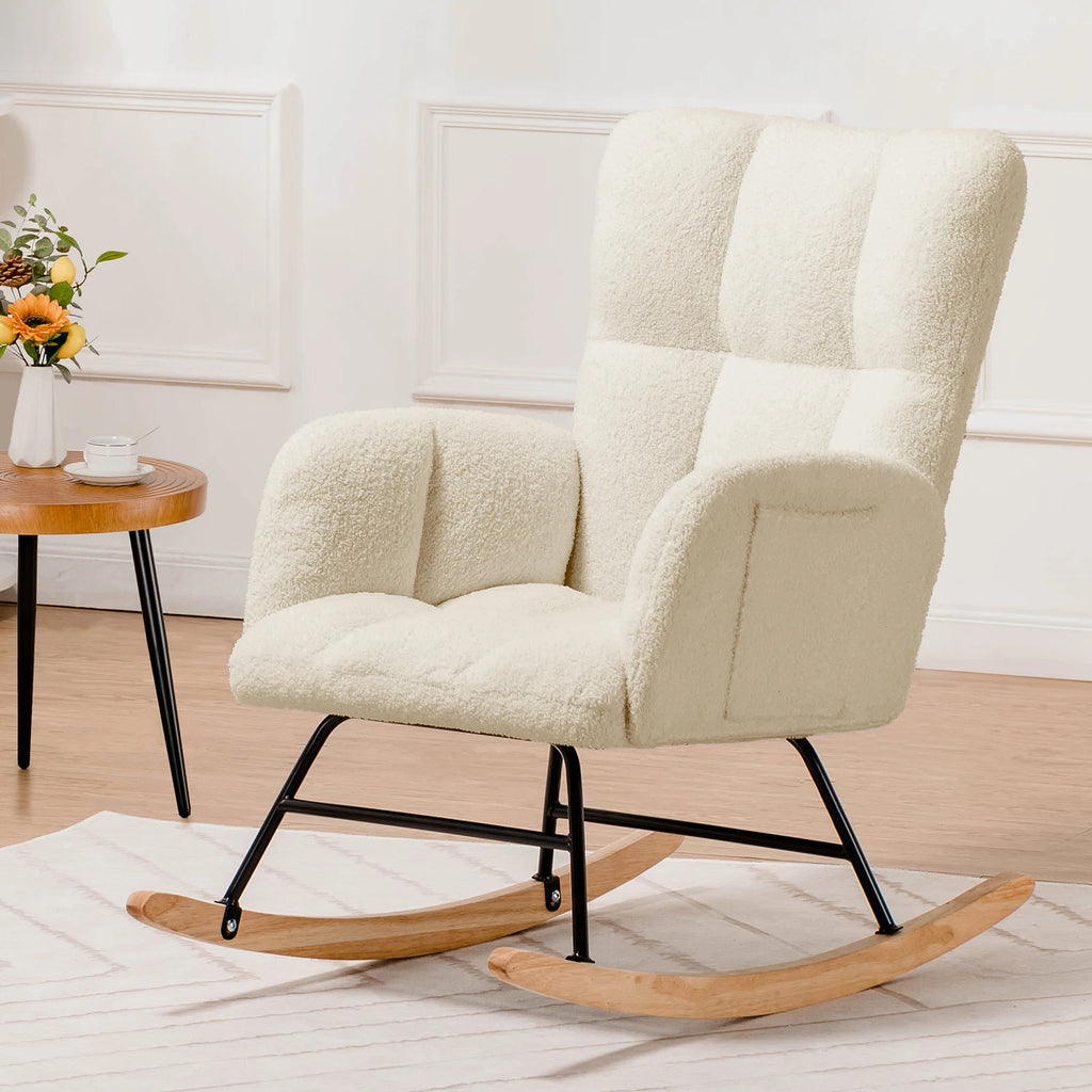 Nursery & Glider Rocking Chair with Side Pockets - Soft Teddy Fabric, High Back, Stable Frame for Living Room and Bedroom