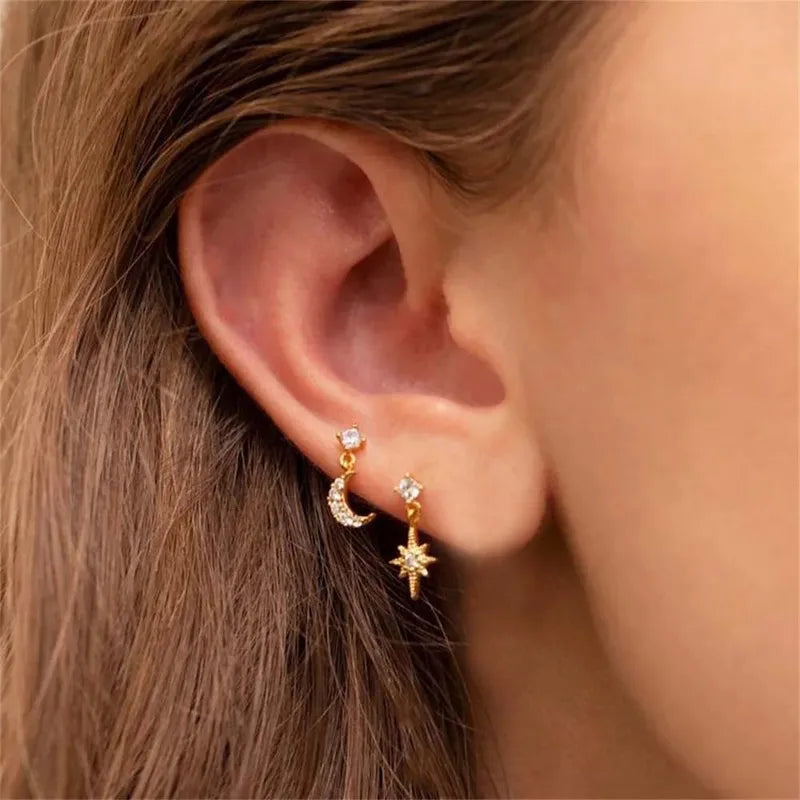 Star Moon Pendant CZ Chain Hoop Earrings for Women - Stainless Steel Jewelry