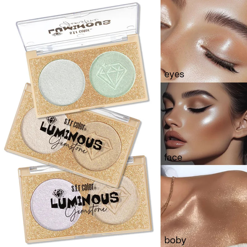 Dual-Shade Diamond Embossed Highlighter Palette - Shimmer Metallic Glow for Face & Body