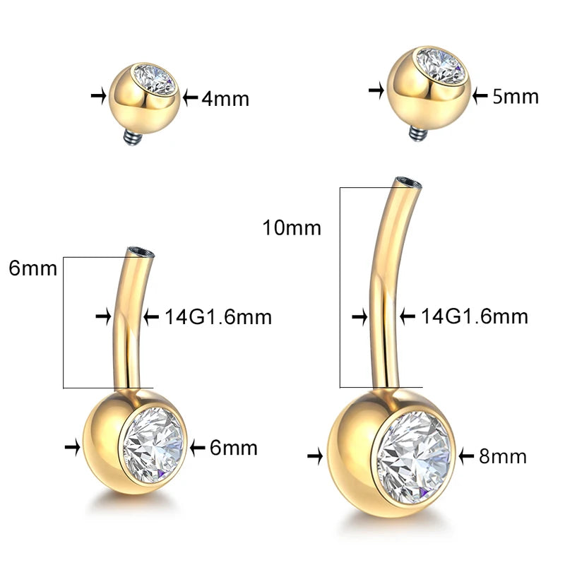 Titanium Belly Button Rings 14G Navel Piercing with CZ Gems 6-12mm - Gold & Silver