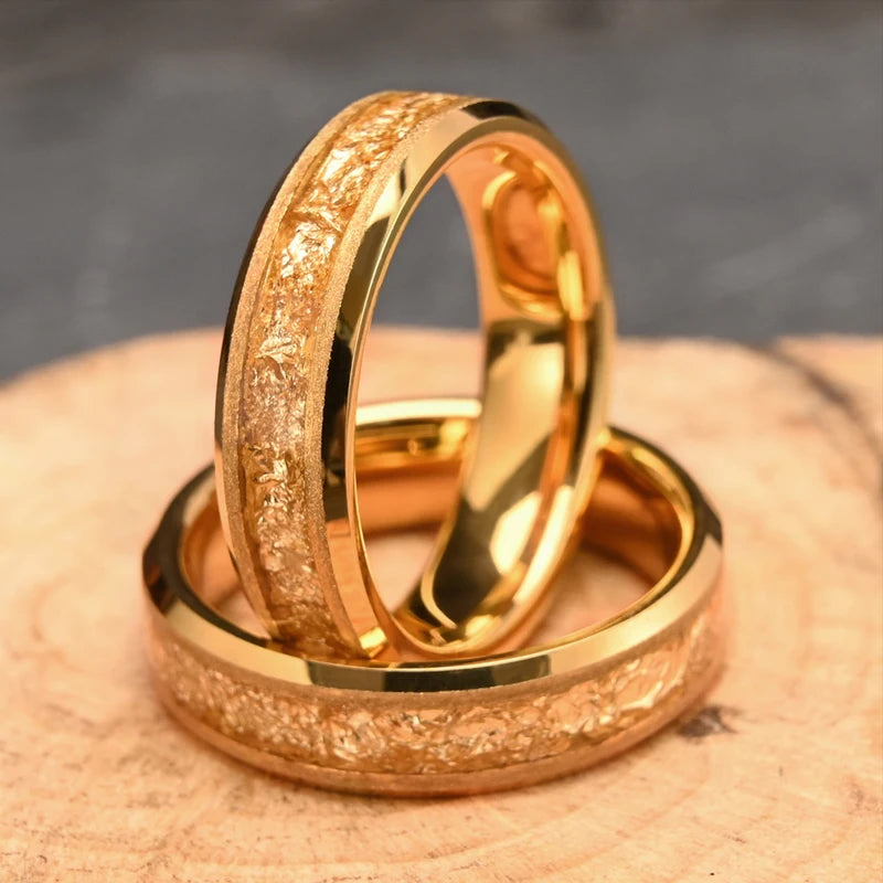 Men's Gold Tungsten Carbide Wedding Band with Gold Leaf Inlay - Comfort Fit