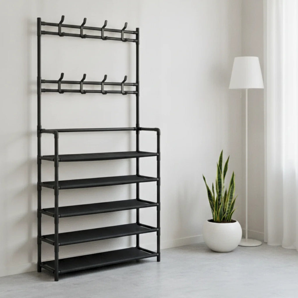 Modular Shoe Rack with 5 Shelves and 8 Hangers - Black & White Home Organizer