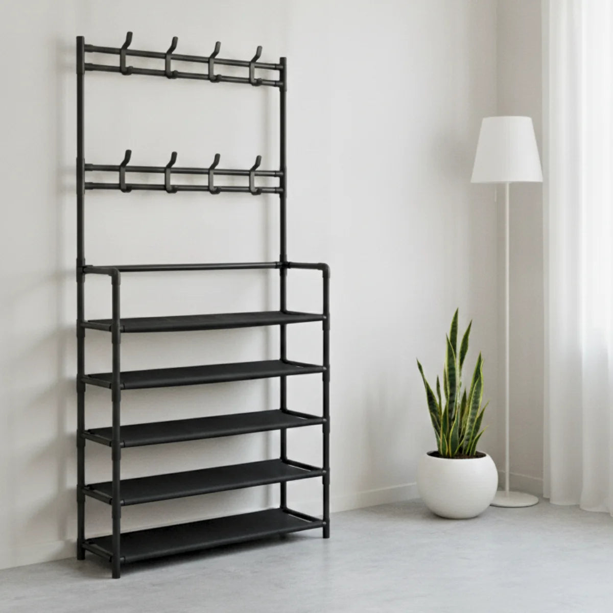 Modular Shoe Rack with 5 Shelves and 8 Hangers - Black & White Home Organizer