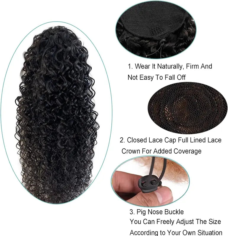 Deep Wave Drawstring Ponytail Extensions 100% Human Hair Natural Black
