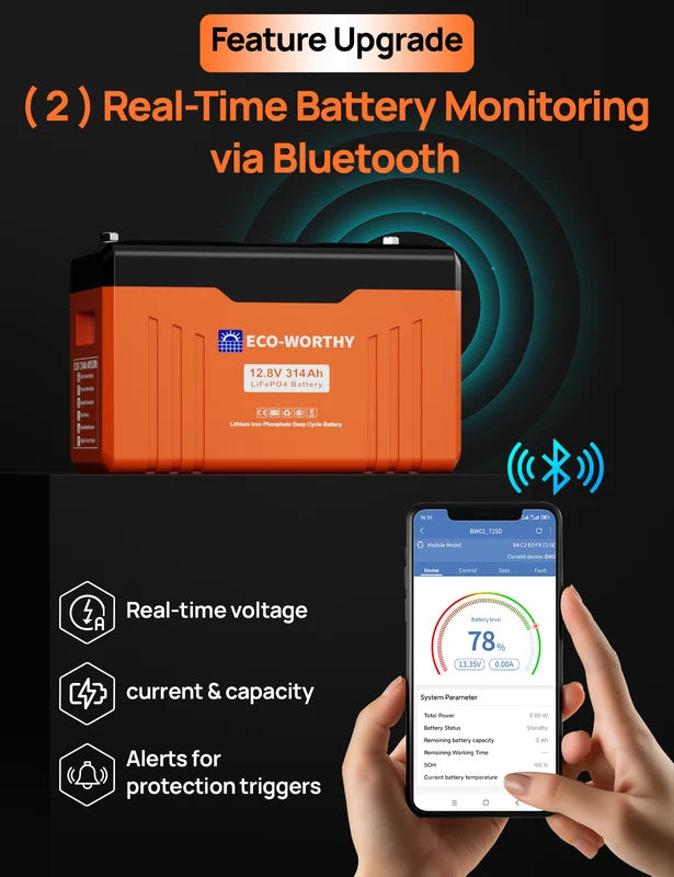12V 314Ah Lithium Iron Phosphate Battery with Bluetooth Monitor for Off-Grid RV