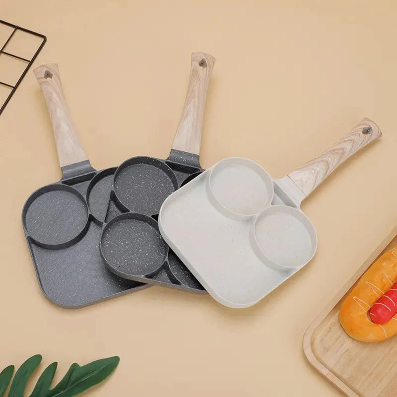 Nonstick Multi-Partition Frying Pan for Eggs, Bacon & Meat - Aluminum, Wooden Handle