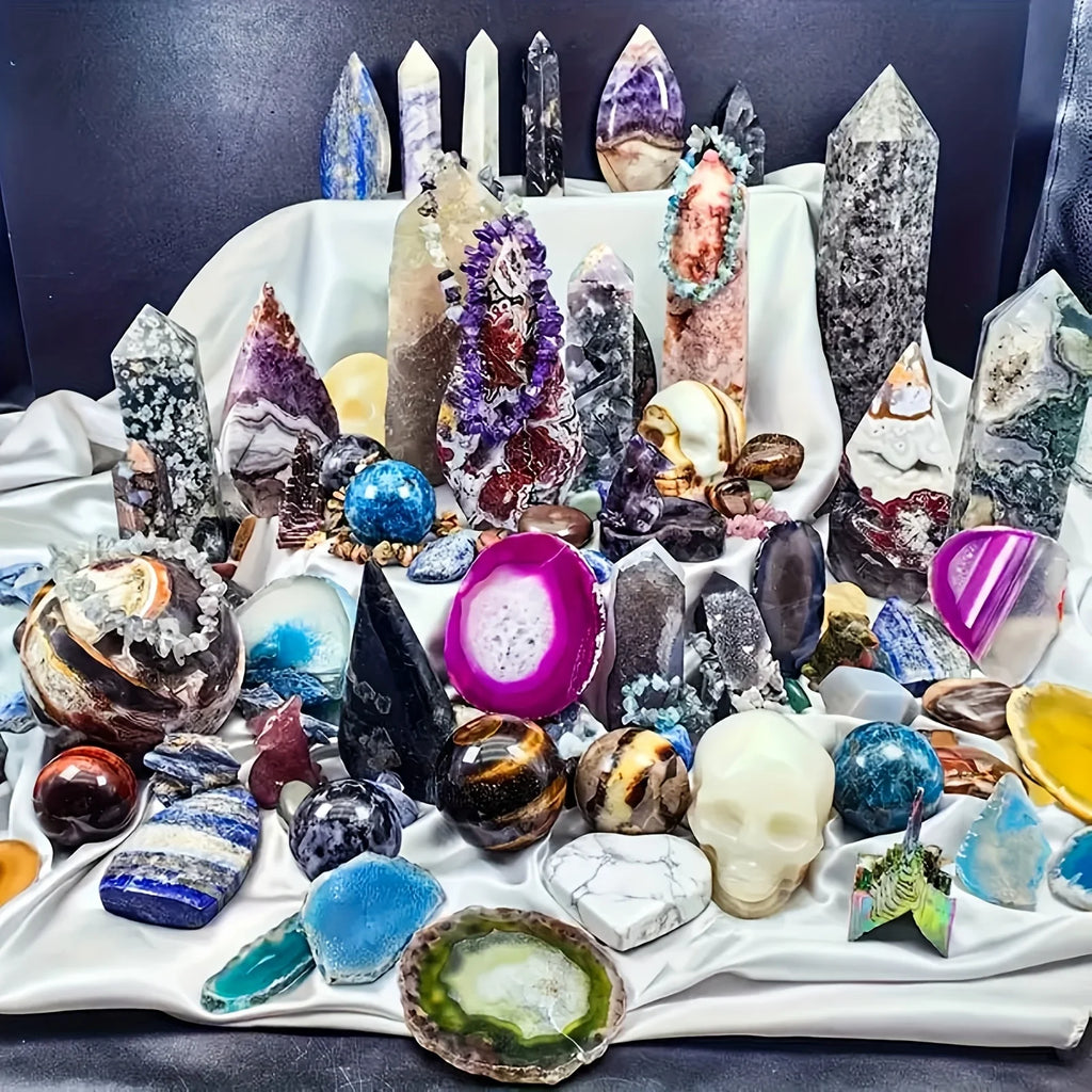 Crystal Gift Box with Mixed Raw Stones - Tower, Sphere, Carving, Bracelets & Home Decor