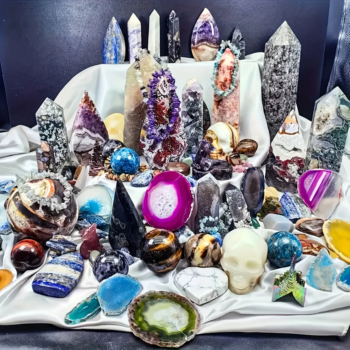 Crystal Gift Box with Mixed Raw Stones - Tower, Sphere, Carving, Bracelets & Home Decor