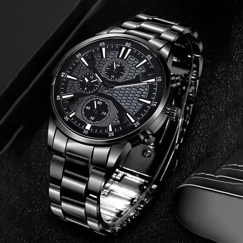 Men's Quartz Watch and Wallet Set - Stainless Steel Belted Business Accessories