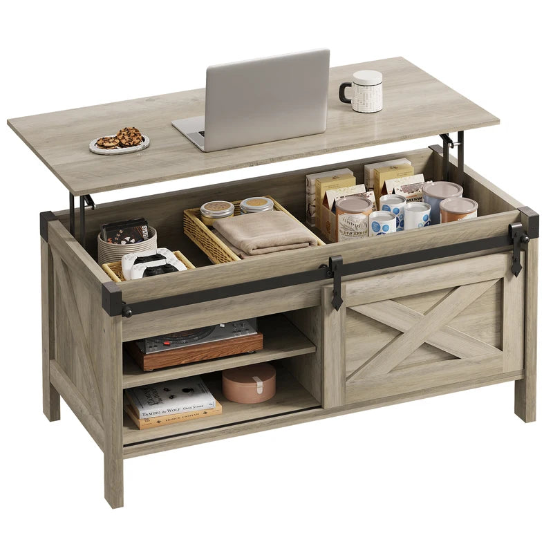 Lift Top Coffee Table with Hidden Storage and Sliding Barn Door - Modern Living Room Center Table