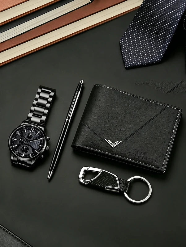 Men's Quartz Watch and Wallet Set - Stainless Steel Belted Business Accessories