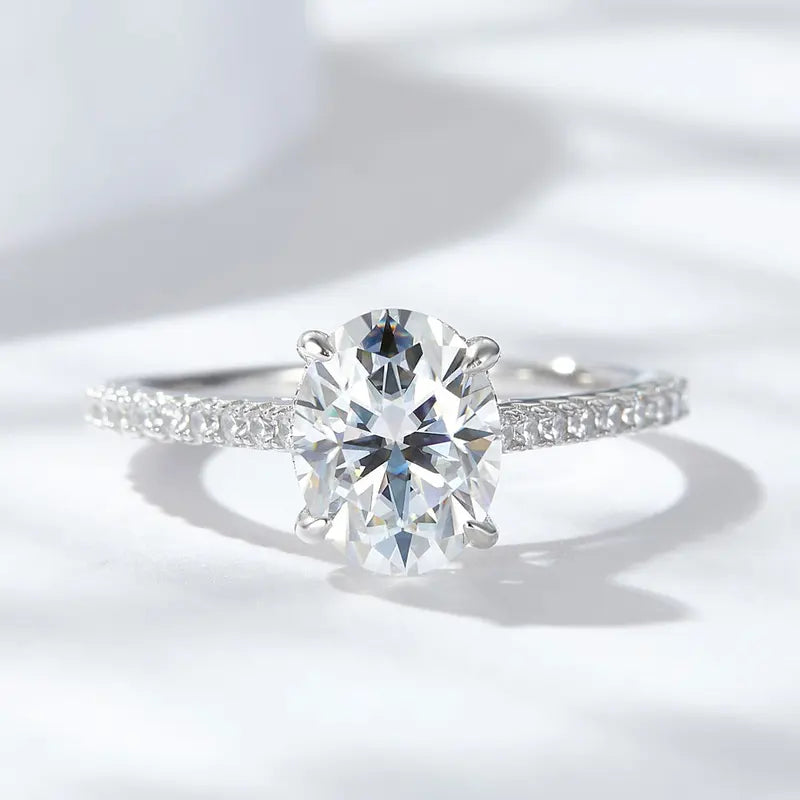 Moissanite Engagement Ring 1-3 Carats Oval Cut Sterling Silver 18K White Gold Plated