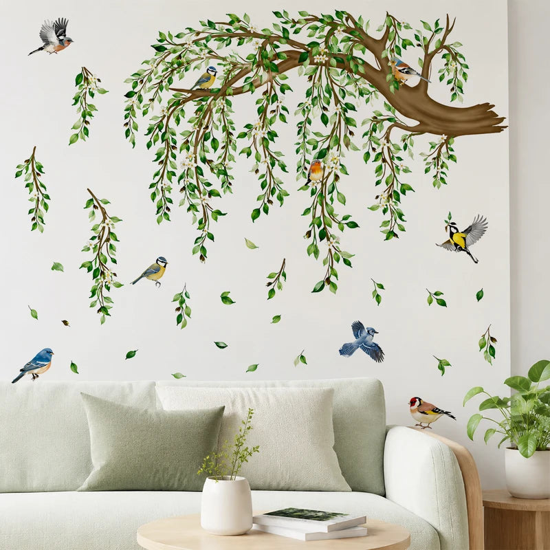 Large Tree Branch Wall Decals with Green Leaves and Colorful Birds - Botanical Nature Wall Decor